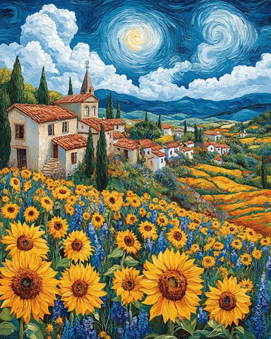 梵高风格向日葵鸢尾花风景拼布