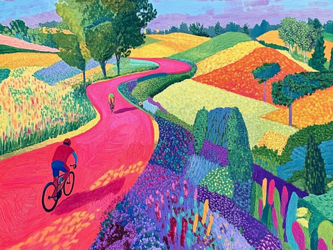 红色骑行者与田野风景