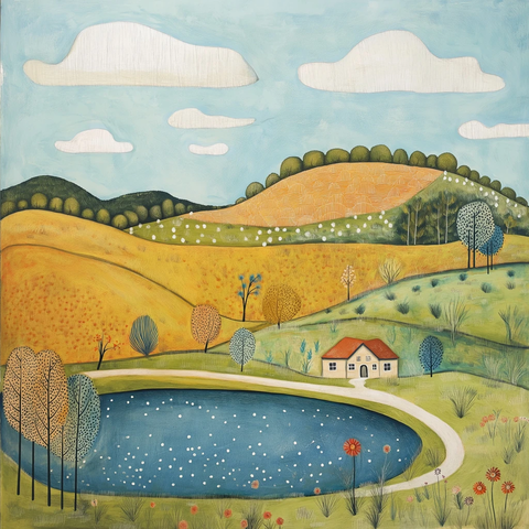 山丘房屋水库场景