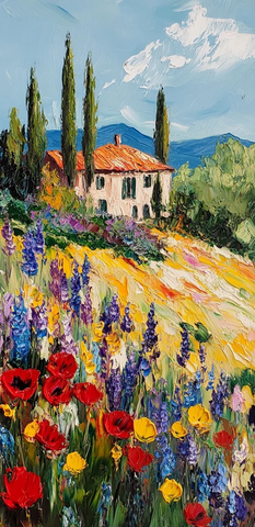 花朵田野与古屋风光