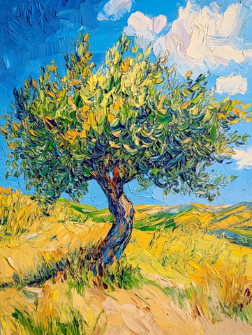 夏日阳光下的麦田与柏树