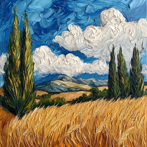 麦田与柏树风景画