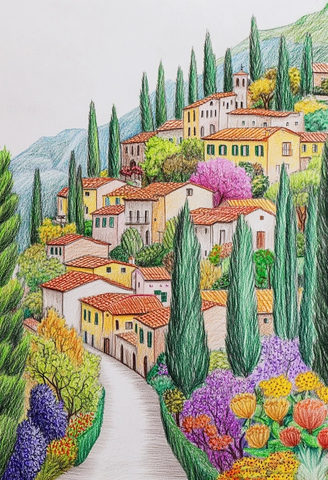 村庄插画与柏树花丛