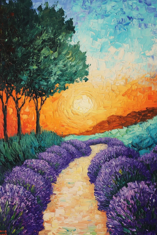 薰衣草树丛小径日落