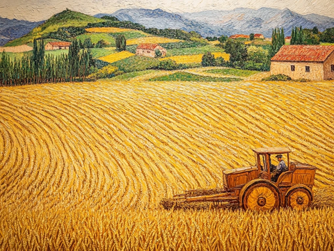 麦田木制收割机与农舍