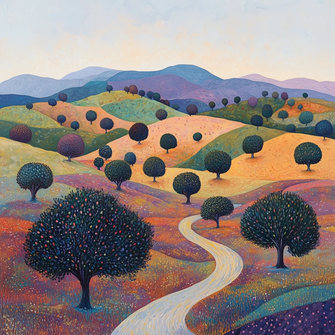 柔和山丘橄榄树与河流