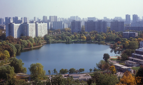 城市中湖泊边林立高楼的风景照