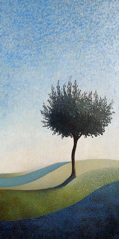 橄榄树与蓝天的点彩画