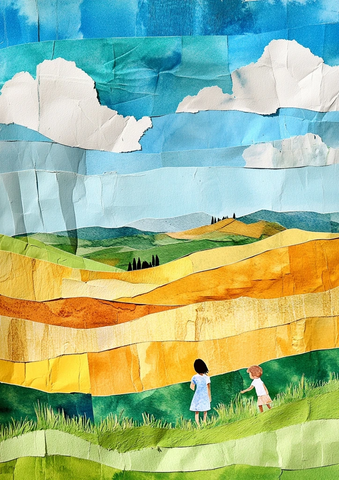 母子田野玩耍撕纸拼贴