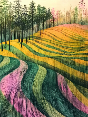 黄色粉色蓝色叠加山丘