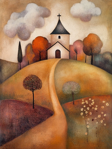 山丘教堂秋日花云