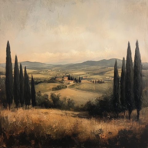 远山古村与柏树风景