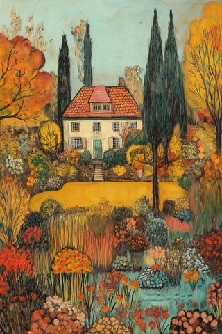 秋日花园与古朴房屋