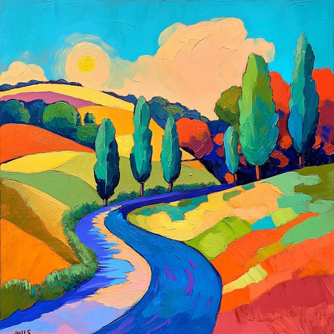 橙黄山丘蓝河绿树阳光