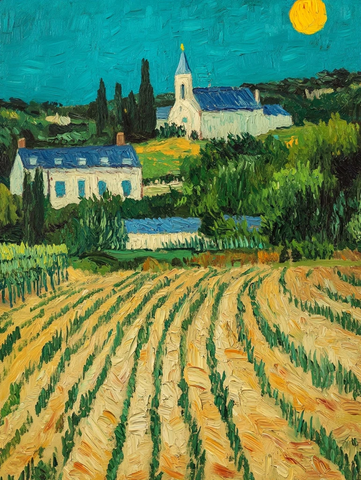 麦田与教堂的宁静画卷