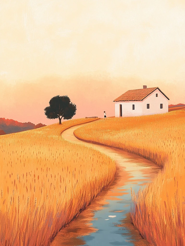 老者和女孩与田野小屋