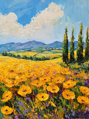 黄花海与绿丘陵油彩画