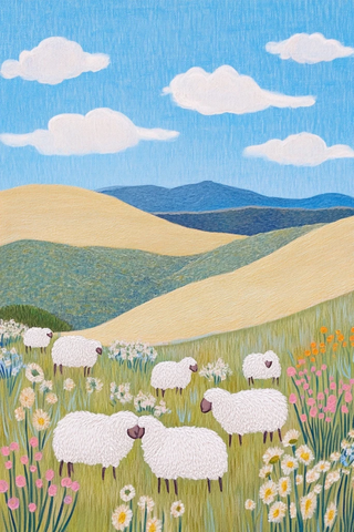 羊群在绒毛山坡上吃草