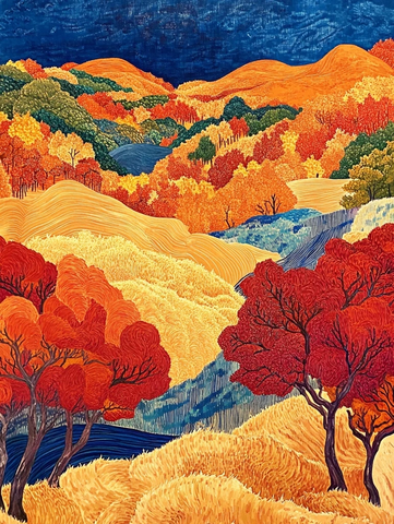 秋日山林红叶油彩画