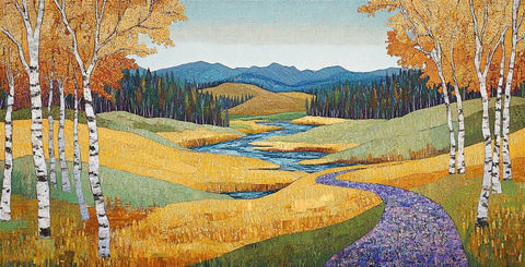 河流岸边白桦树与蜿蜒道路