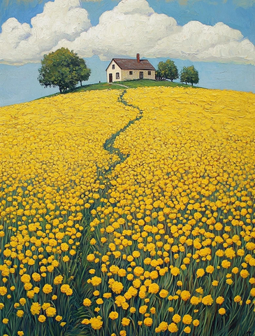 油菜花海与古老房屋