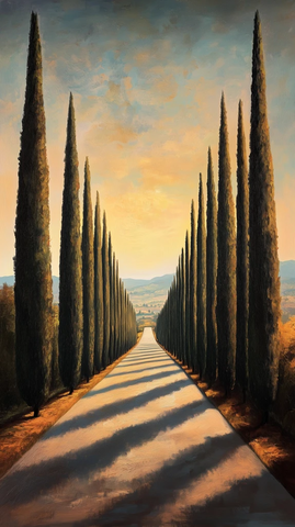 长路柏树金色光线梦幻天空