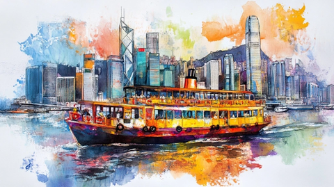 城市中行驶在水面上的观光船