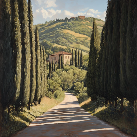 雪松路旁山巅房屋