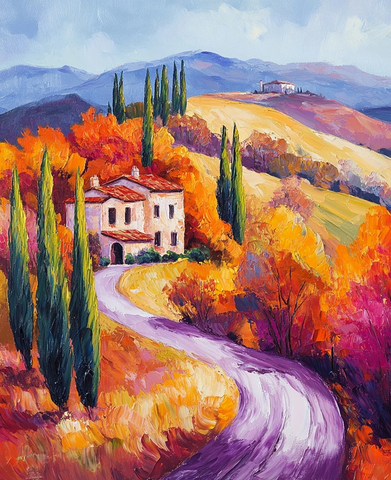 蜿蜒道路与古屋秋色