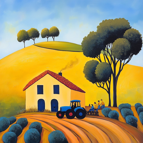 乡村房屋与工人拖拉机