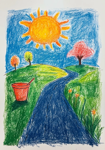 阳光道路与孩子桶画