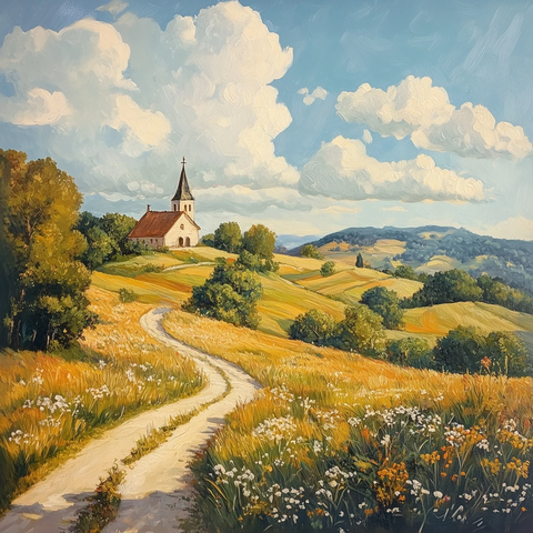 山丘乡村教堂风景画