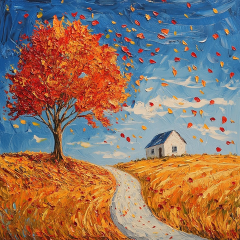 红叶枫树与小白屋