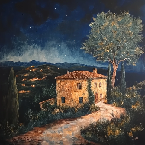 夜间橡树旁的托斯卡纳住宅