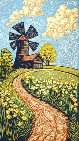 春天水车风景版画