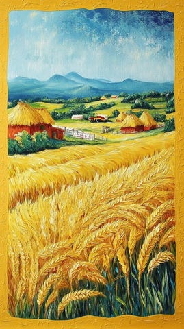 小麦田与红屋顶蓝天下的景色