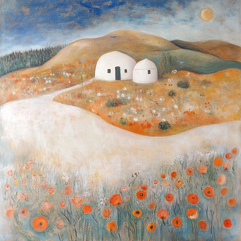 草原盛放的白色蒙古包