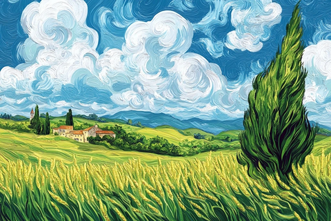 麦田与柏树和农舍