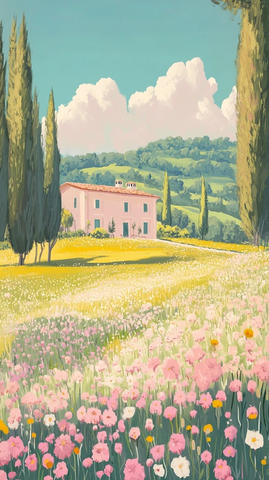 老别墅与花树山丘