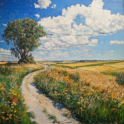 阳光下的麦田与柏树