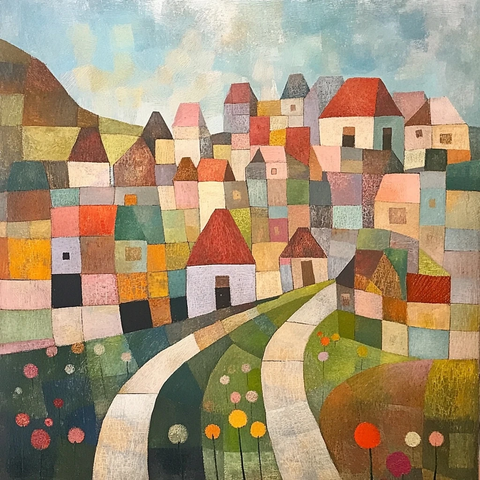 红屋顶村庄与花海