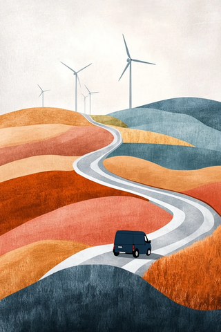 商用小货车驶向风力涡轮