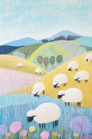 羊群在柔软山丘上吃草