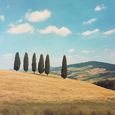 山坡四棵柏树远景