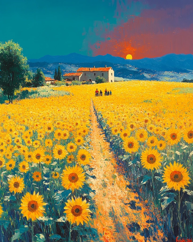 父子骑车穿越向日葵田野