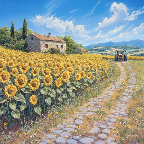 向日葵田间农夫与石屋