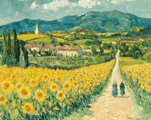 向日葵田间小路行人