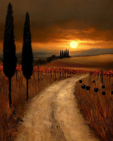 葡萄园与柏树林日落景