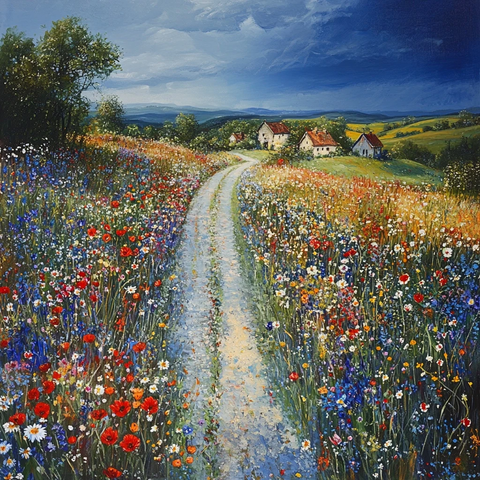 野花路旁村落雨后蓝天