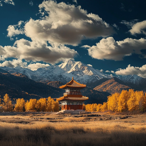 山中古亭与雪山秋林构成的自然美景